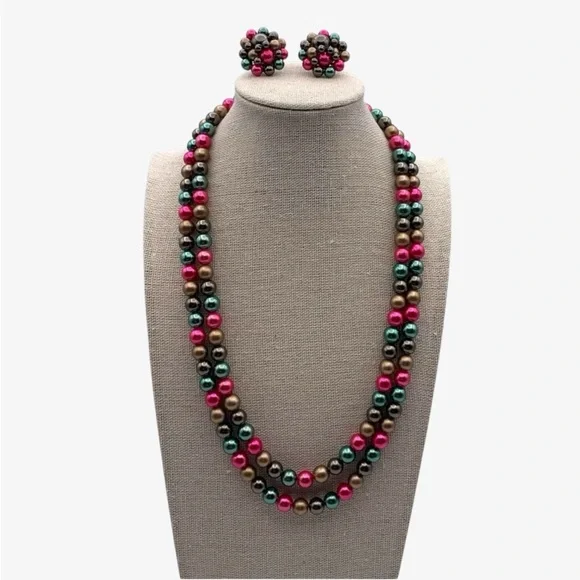 Vintage Double Strand Multi Color Metallic Pearl
Necklace & Clip On Earring Set - Picture 5 of 9